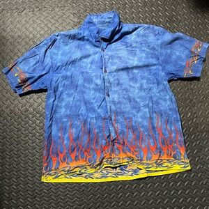 No Boundaries Blue Short-Sleeve Button-Up Shirt with Red Orange Flame Trim
